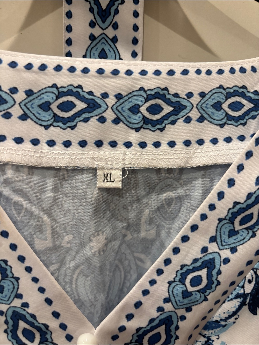 White & Blue Print Mini Dress - V-Neck Boho Tunic - Picture 4 of 12